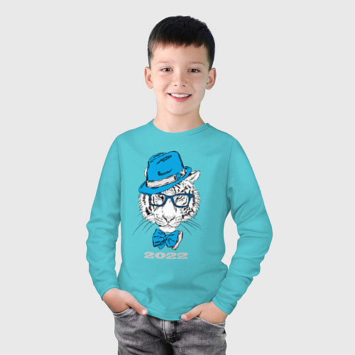 Детский лонгслив Водяной тигр в синей шляпе / Бирюзовый – фото 3