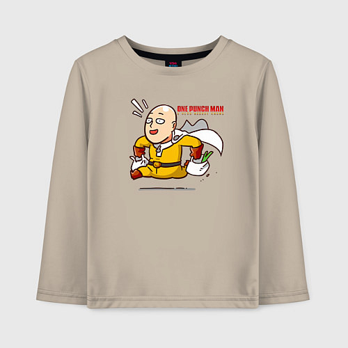 Детский лонгслив Счастливый Сайтама с пакетами продуктов One Punch- / Миндальный – фото 1