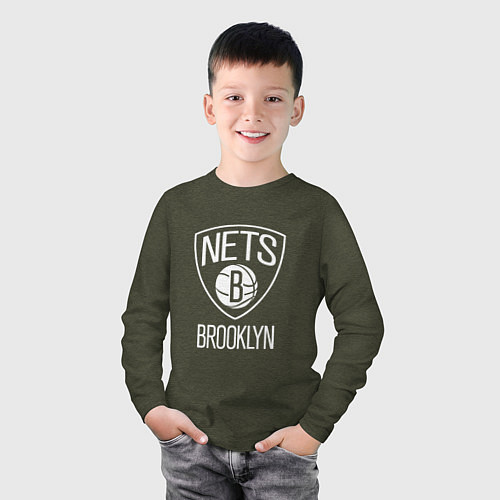 Детский лонгслив Бруклин Нетс логотип / Меланж-хаки – фото 3