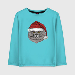 Лонгслив хлопковый детский Новогодний котик в шапке, цвет: бирюзовый