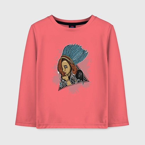 Детский лонгслив Индейская девушка с перьями / Коралловый – фото 1