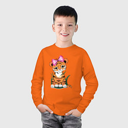 Лонгслив хлопковый детский Тигр девочка, цвет: оранжевый — фото 2