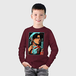 Лонгслив хлопковый детский Леви Аккерман Портрет Атака Титанов, цвет: меланж-бордовый — фото 2