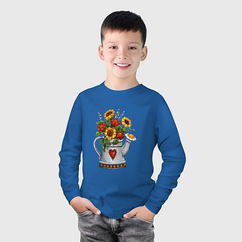 Детский лонгслив Лейка с цветами / Синий – фото 3