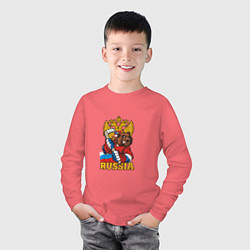 Лонгслив хлопковый детский Хоккей - Russia, цвет: коралловый — фото 2