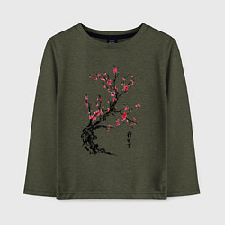 Лонгслив хлопковый детский Сакура с иероглифами, цвет: меланж-хаки
