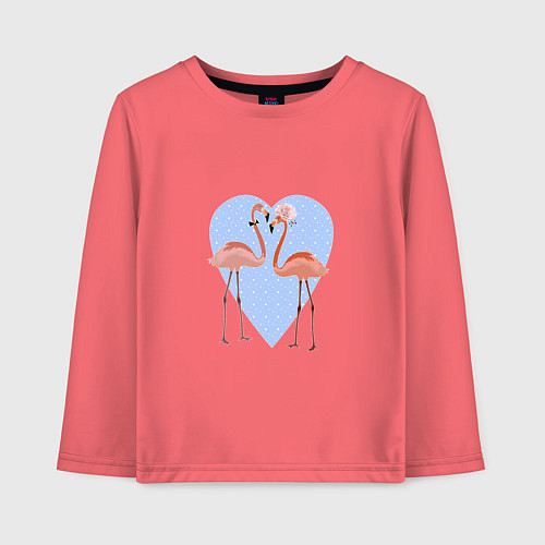Детский лонгслив Розовые фламинго на фоне голубого сердца в горошек / Коралловый – фото 1