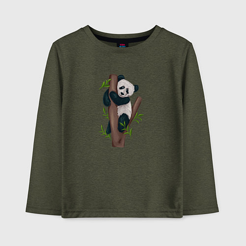 Детский лонгслив Панда висит на дереве / Меланж-хаки – фото 1