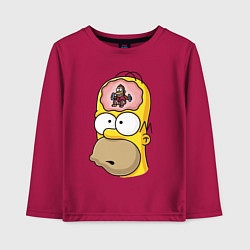 Лонгслив хлопковый детский Мартышка бьёт в тарелки в голове Гомера Симпсона, цвет: маджента