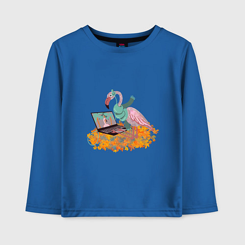 Детский лонгслив Осенний фламинго с ноутбуком, мечты о лете / Синий – фото 1