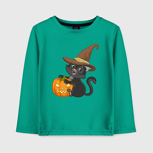 Детский лонгслив Чёрный котик в шляпе и с тыквой / Зеленый – фото 1