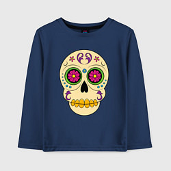 Лонгслив хлопковый детский Череп с цветами, кругами и линиями, цвет: тёмно-синий