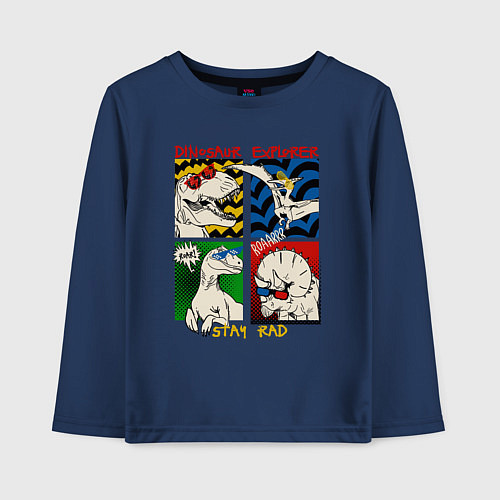 Детский лонгслив Поп арт динозавры в очках / Тёмно-синий – фото 1