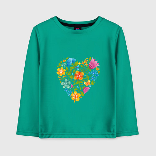 Детский лонгслив Цветочный орнамент в форме сердца Любовь / Зеленый – фото 1