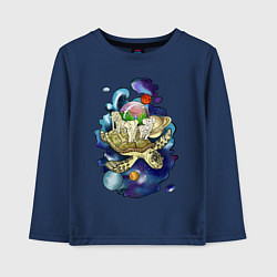 Лонгслив хлопковый детский Плоская земля - мир на черепахе, цвет: тёмно-синий