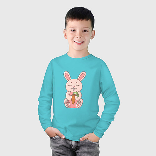 Детский лонгслив Милый, розовый зайчик с морковкой / Бирюзовый – фото 3