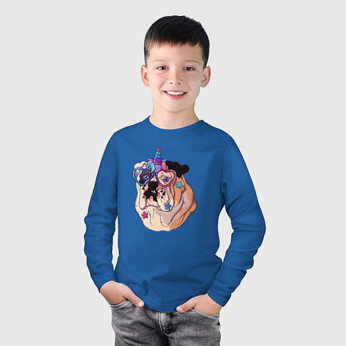 Детский лонгслив Праздничный бульдог - единорог / Синий – фото 3