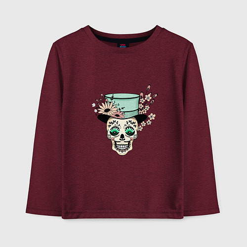 Детский лонгслив Череп в шляпе и цветах / Меланж-бордовый – фото 1