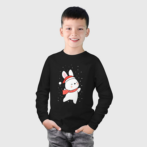 Детский лонгслив Кролик в шапке и шарфе арт / Черный – фото 3