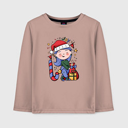 Лонгслив хлопковый детский Девочка с подарками на Новый год, цвет: пыльно-розовый