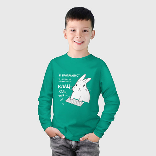 Детский лонгслив Кролик программист - клацает / Зеленый – фото 3