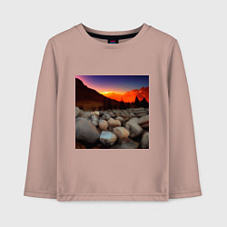Лонгслив хлопковый детский Горный пейзаж в закате солнца, каменная река, цвет: пыльно-розовый