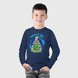 Лонгслив хлопковый детский Мультяшная новогодняя ёлка, цвет: тёмно-синий — фото 2