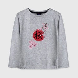 Лонгслив хлопковый детский Цветущая вишня и красный круг с японским иероглифо, цвет: меланж