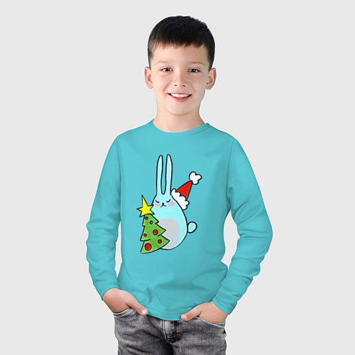 Детский лонгслив Кролик с елкой / Бирюзовый – фото 3