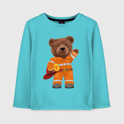Детский лонгслив Пожарный медведь / Бирюзовый – фото 1
