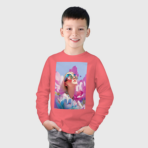 Детский лонгслив Весенняя девушка в цветах / Коралловый – фото 3