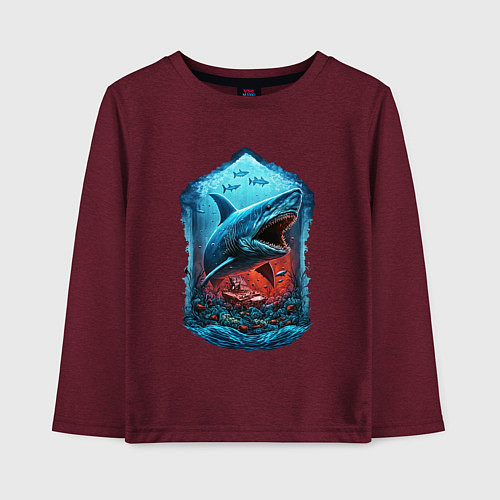 Детский лонгслив Огромная акула Мегалодон / Меланж-бордовый – фото 1