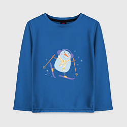 Лонгслив хлопковый детский Снеговик катается на лыжах, цвет: синий
