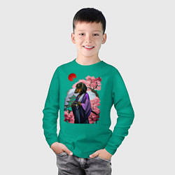 Лонгслив хлопковый детский Такса-Самурай весенняя на фоне сакуры, цвет: зеленый — фото 2