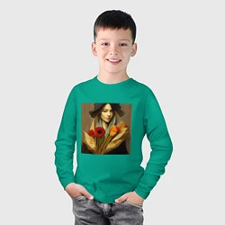 Лонгслив хлопковый детский Девушка с цветами в стиле экспрессионизм, дизайн 1, цвет: зеленый — фото 2