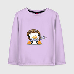 Лонгслив хлопковый детский Пингвин в шапке лётчика, цвет: лаванда