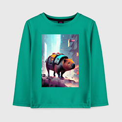 Лонгслив хлопковый детский Капибара в мегаполисе - киберпанк, цвет: зеленый