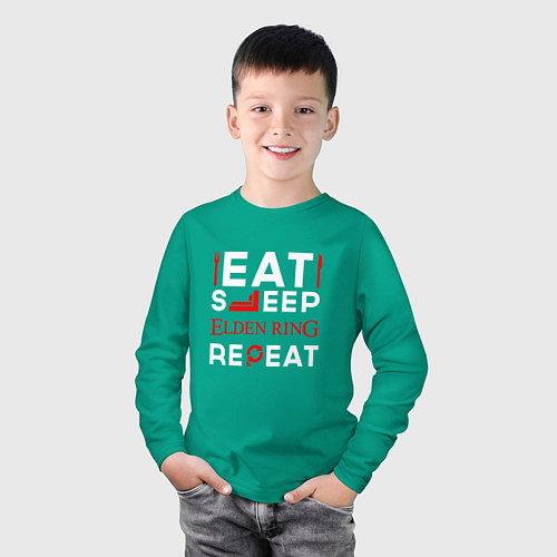 Детский лонгслив Надпись eat sleep Elden Ring repeat / Зеленый – фото 3