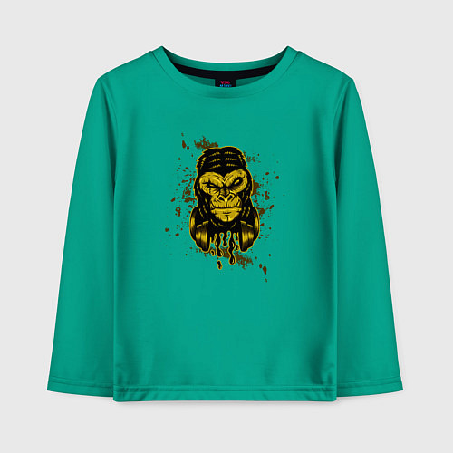 Детский лонгслив Крутая горилла с наушниками / Зеленый – фото 1