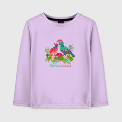 Лонгслив хлопковый детский Влюбленные попугаи среди тропических листьев, цвет: лаванда