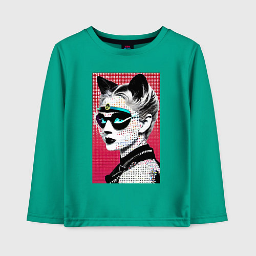 Детский лонгслив Cat girl in a mask - neural network - pop art / Зеленый – фото 1