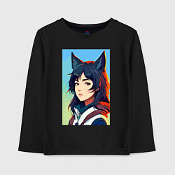 Лонгслив хлопковый детский Девочка-волчонок - нейросеть - аниме, цвет: черный
