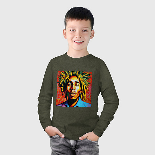 Детский лонгслив Граффити Арт Счастливый Боб Марли / Меланж-хаки – фото 3