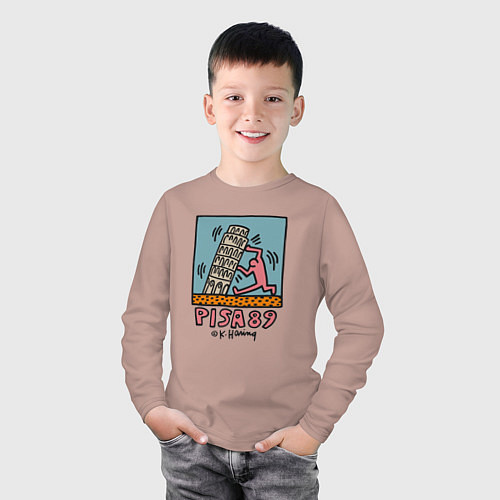 Детский лонгслив Поп арт Кит Харинг - Пизанская башня / Пыльно-розовый – фото 3