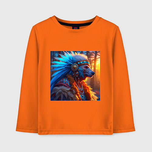 Детский лонгслив Медведь-индеец от нейросети / Оранжевый – фото 1