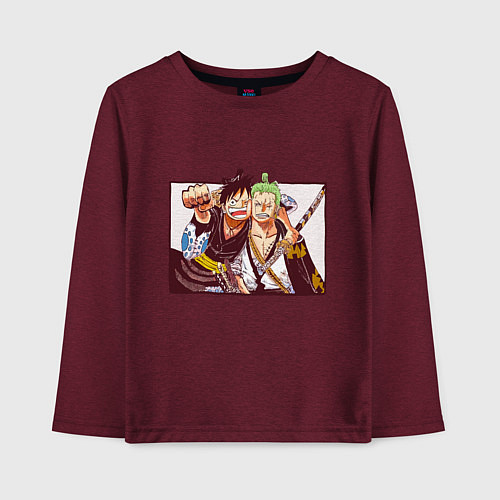 Детский лонгслив Луффи и Ророноа Зоро - Ван пис / Меланж-бордовый – фото 1