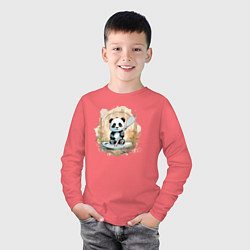 Лонгслив хлопковый детский Панда сапсёрфер, цвет: коралловый — фото 2