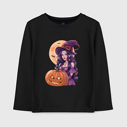 Лонгслив хлопковый детский Хэллоуин - ведьма с тыквой, цвет: черный