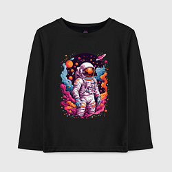 Лонгслив хлопковый детский Космонавт в открытом космосе среди планет, цвет: черный