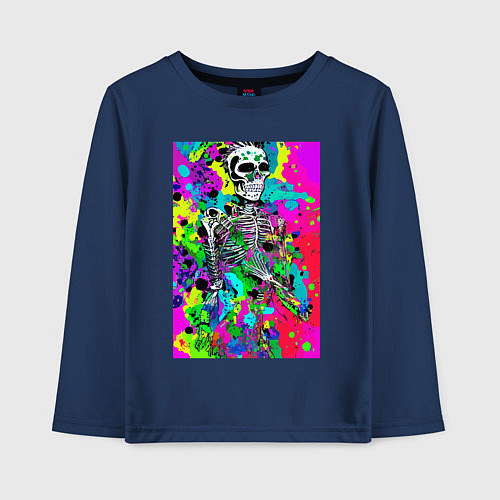 Детский лонгслив Funny skeleton - pop art / Тёмно-синий – фото 1